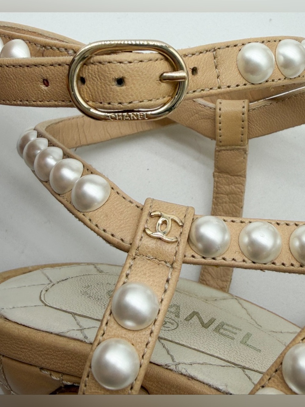 Chanel Beige Quilted Leather Pearl Embellished Ankle Strap Sandals Heels EU 37.5 - Picture 14 of 16